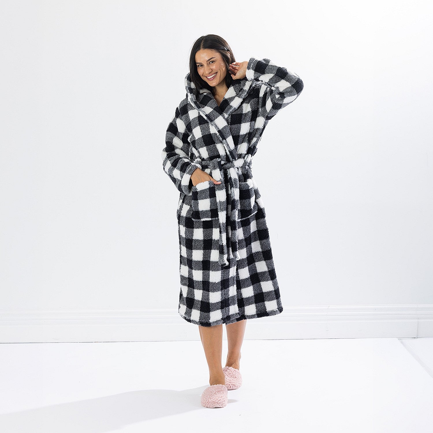 Solace Check Hooded 3/4 Length Plush Bathrobe Black/White