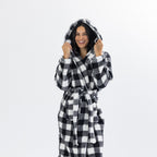 Solace Check Hooded 3/4 Length Plush Bathrobe Black/White