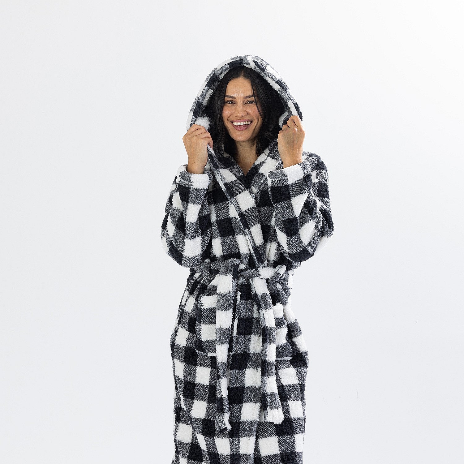Solace Check Hooded 3/4 Length Plush Bathrobe Black/White