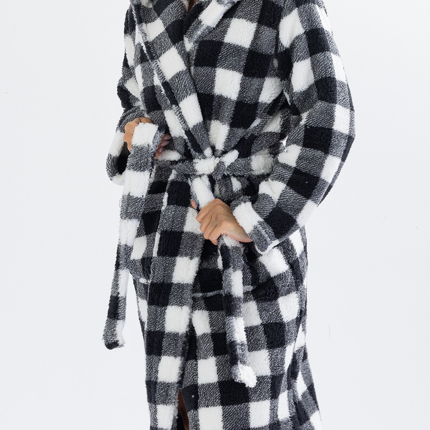 Solace Check Hooded 3/4 Length Plush Bathrobe Black/White