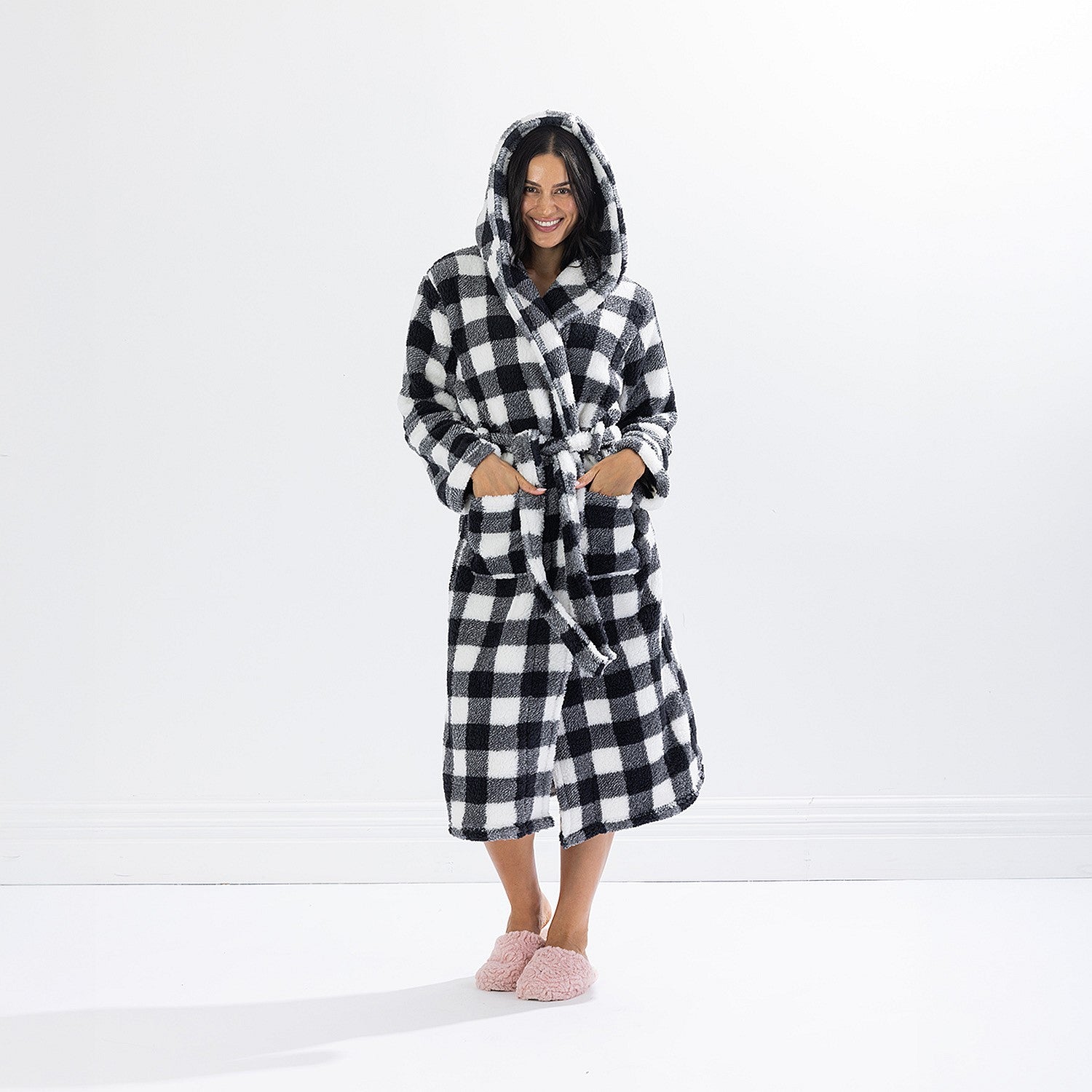 Solace Check Hooded 3/4 Length Plush Bathrobe Black/White
