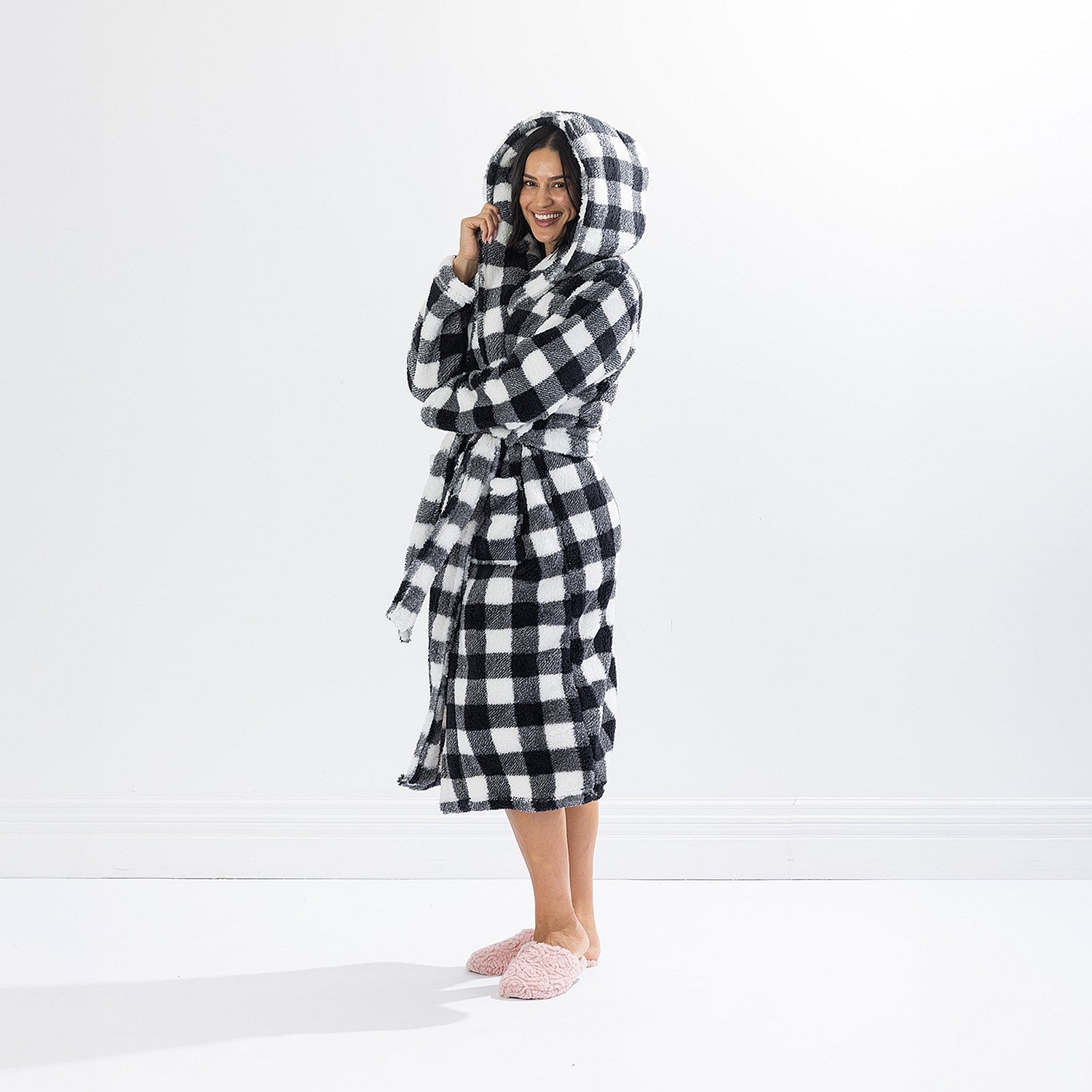 Solace Check Hooded 3/4 Length Plush Bathrobe Black/White