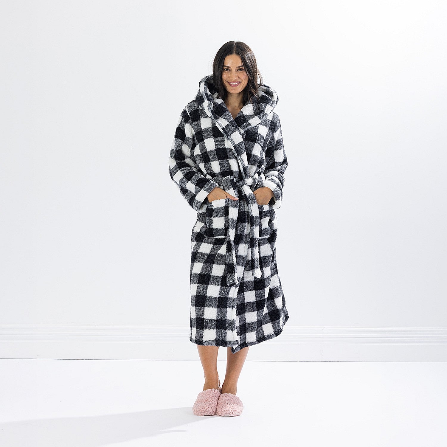 Solace Check Hooded 3/4 Length Plush Bathrobe Black/White