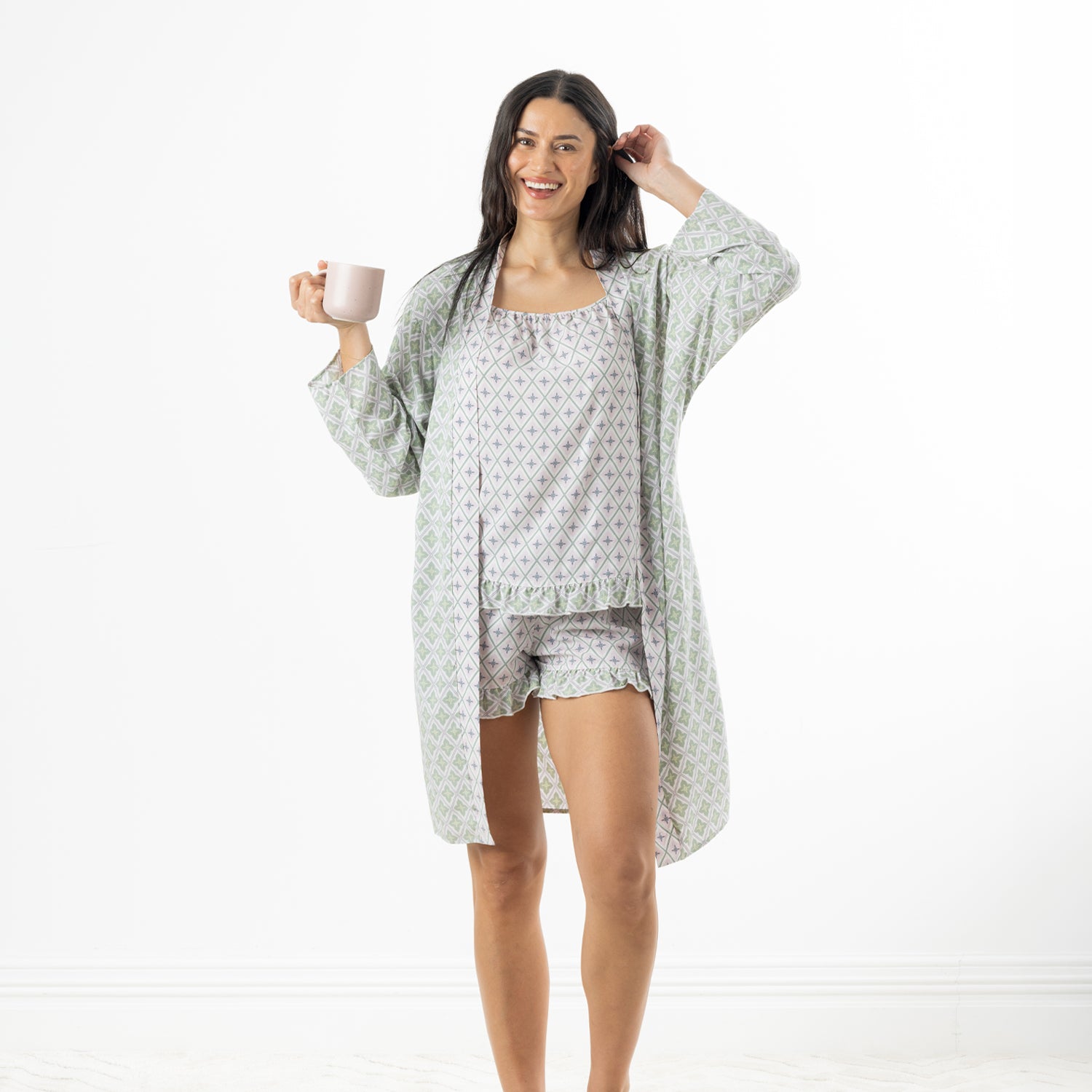 Full-length view of model wearing the green Marlo printed viscose robe with a relaxed wrap front and tie waist.