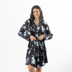 Eden Malibu Satin Printed Robe in Black with an all-over blue rose floral print, shown tied at the waist.