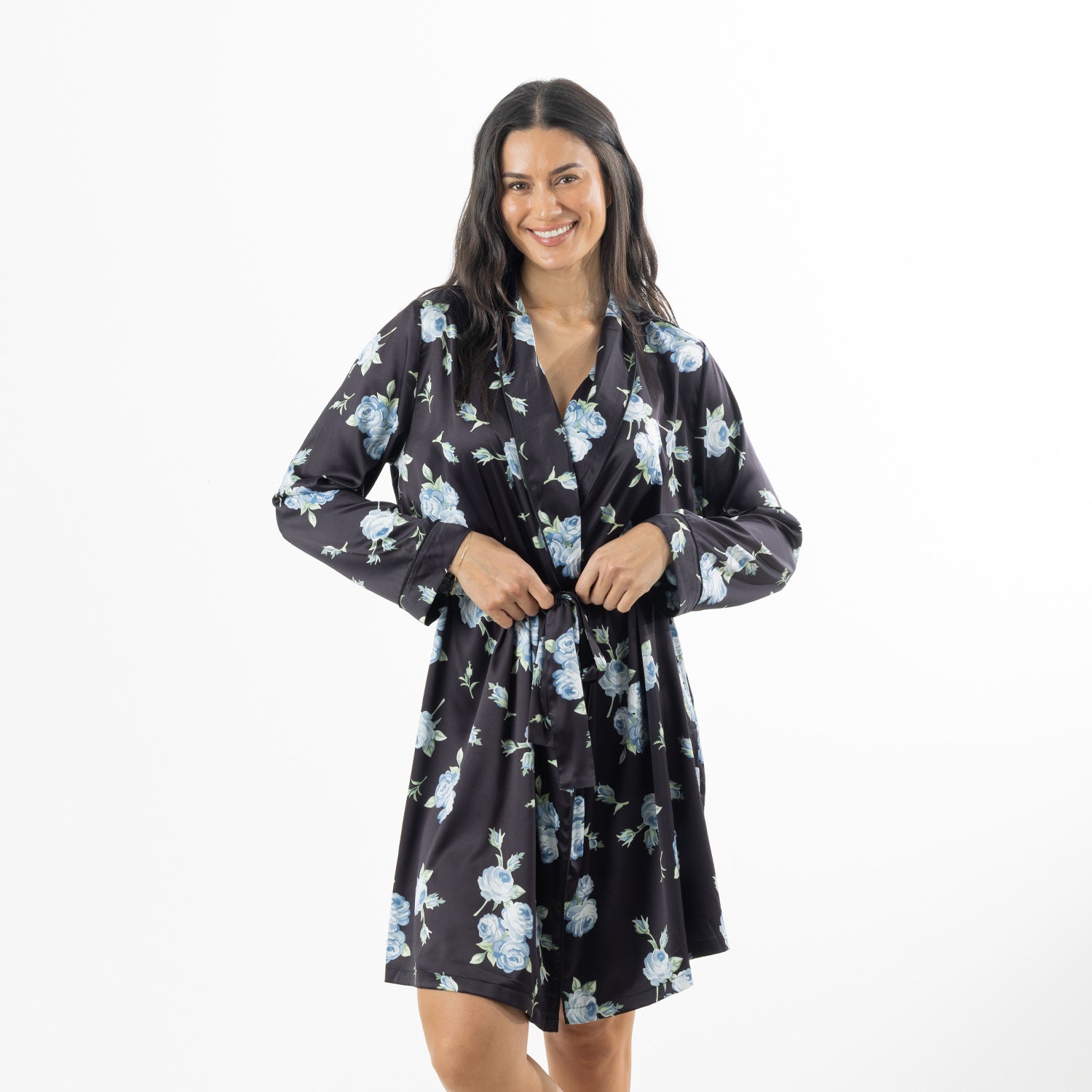 Eden Malibu Satin Printed Robe in Black with an all-over blue rose floral print, shown tied at the waist.