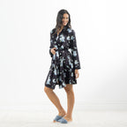Eden Malibu Satin Printed Robe in Black shown full length with waist tie and blue floral print.
