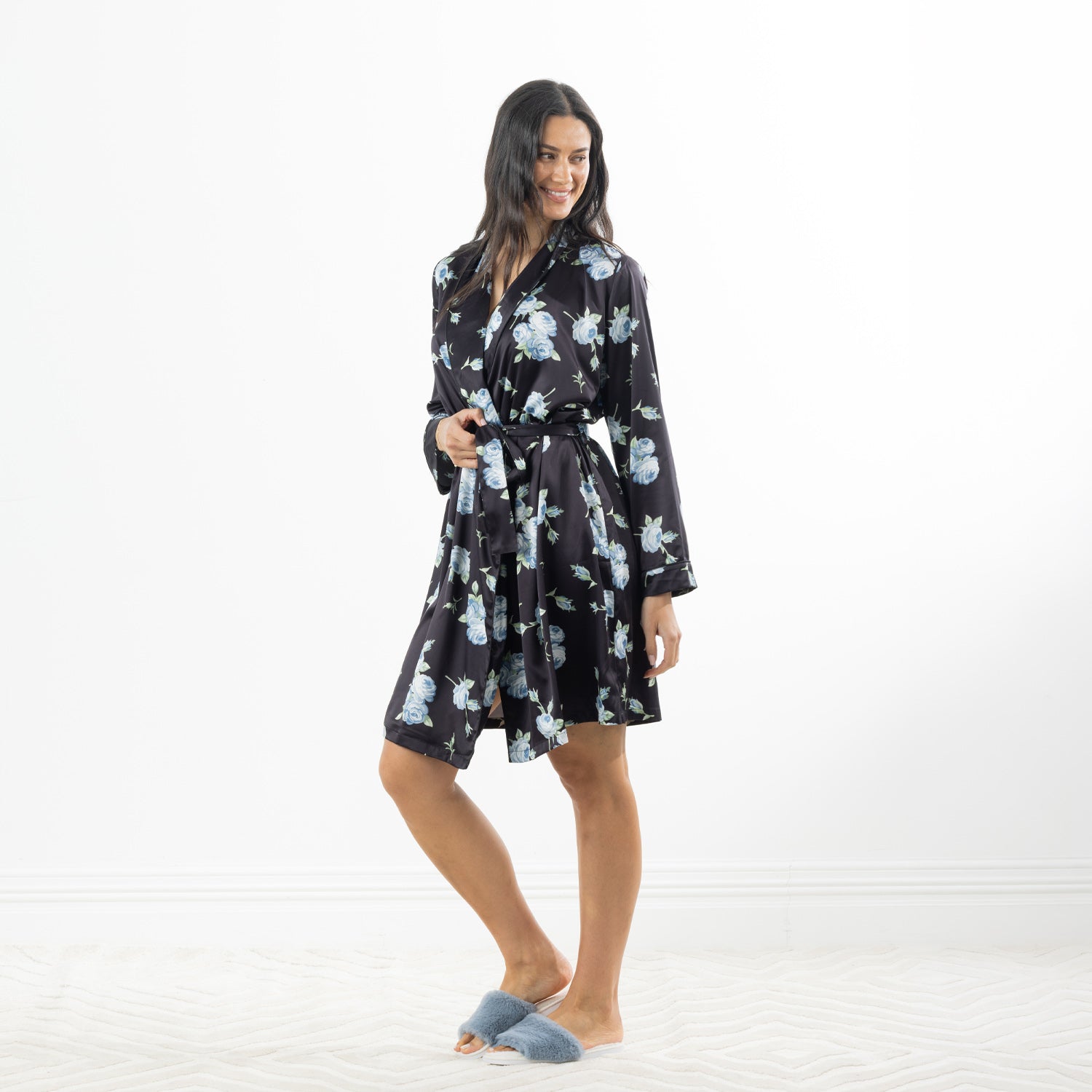 Eden Malibu Satin Printed Robe in Black shown full length with waist tie and blue floral print.