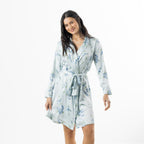 Eden Malibu Satin Printed Robe in Pale Blue featuring an all-over blue rose floral print and matching waist tie.