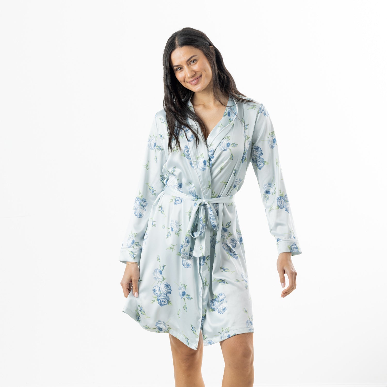 Eden Malibu Satin Printed Robe in Pale Blue featuring an all-over blue rose floral print and matching waist tie.