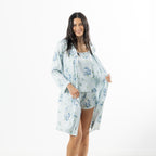 Eden Malibu Satin Printed Robe in Pale Blue worn open over coordinating floral satin sleepwear.