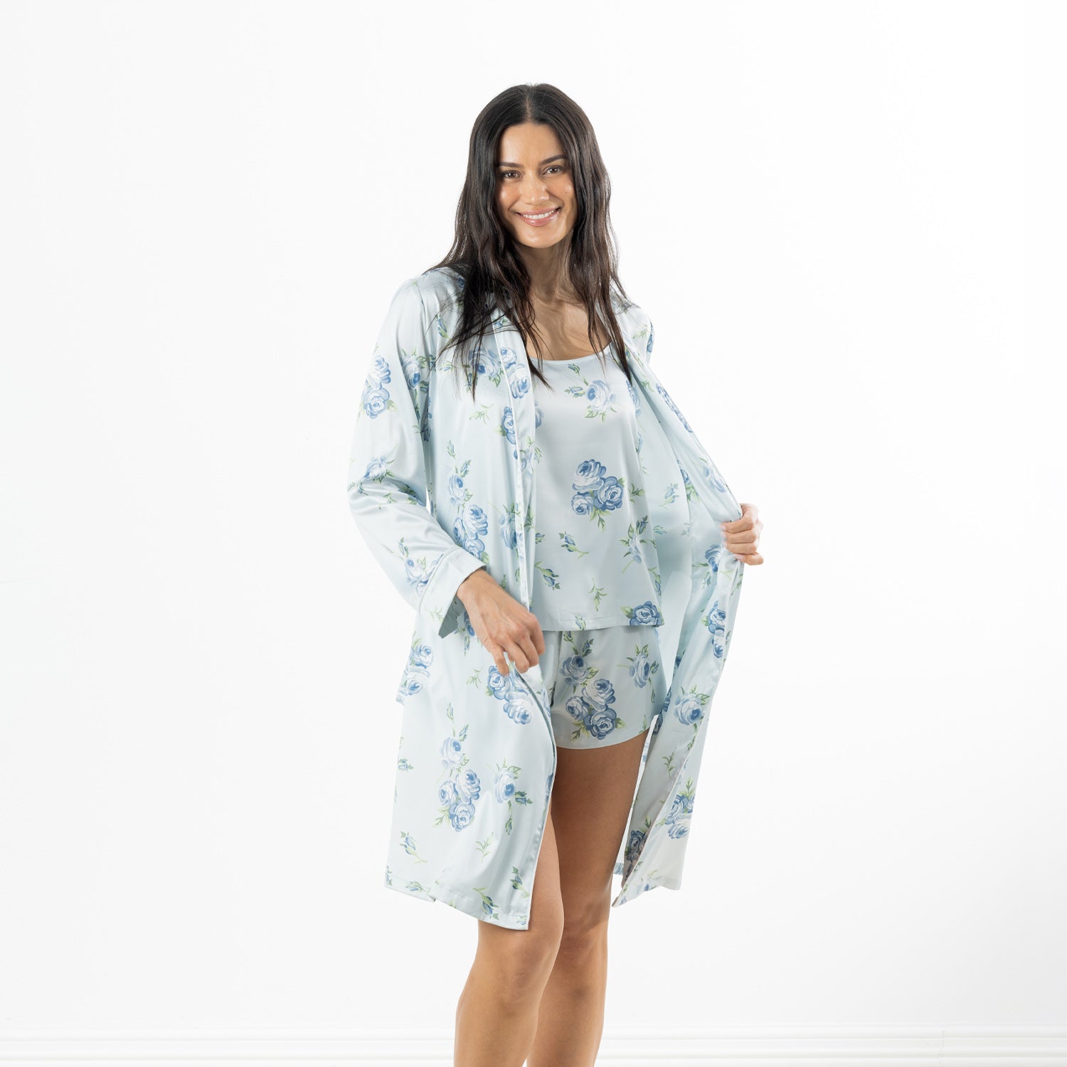 Eden Malibu Satin Printed Robe in Pale Blue worn open over coordinating floral satin sleepwear.