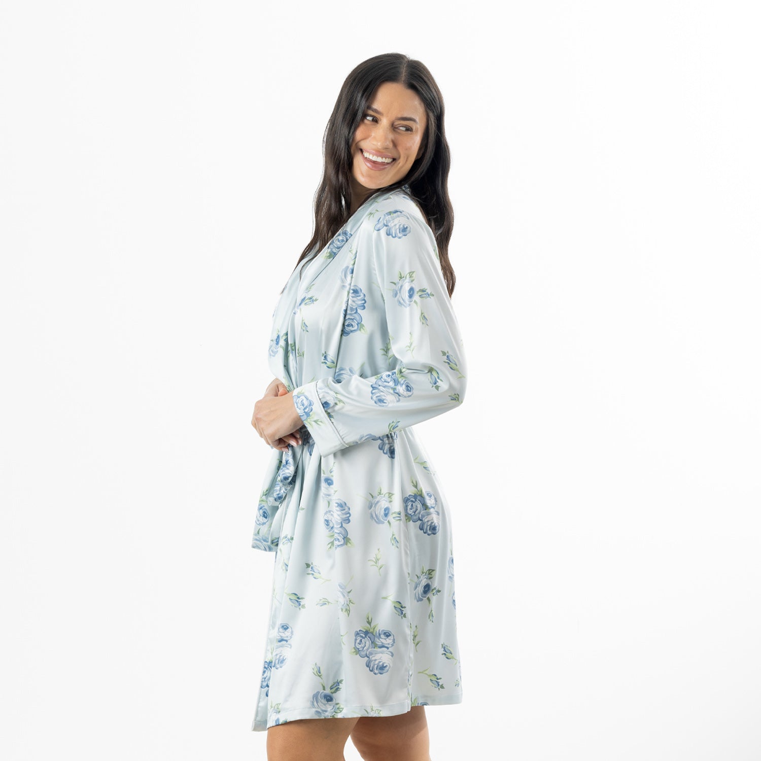 Eden Malibu Satin Printed Robe in Pale Blue shown from the side, highlighting the relaxed fit and floral pattern.