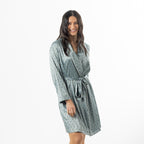 Eden Malibu Satin Printed Robe in Sage shown in a relaxed front view with long sleeves and contrast piping.