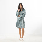 Eden Malibu Satin Printed Robe in Sage shown full length with a matching waist tie and contrast piping.