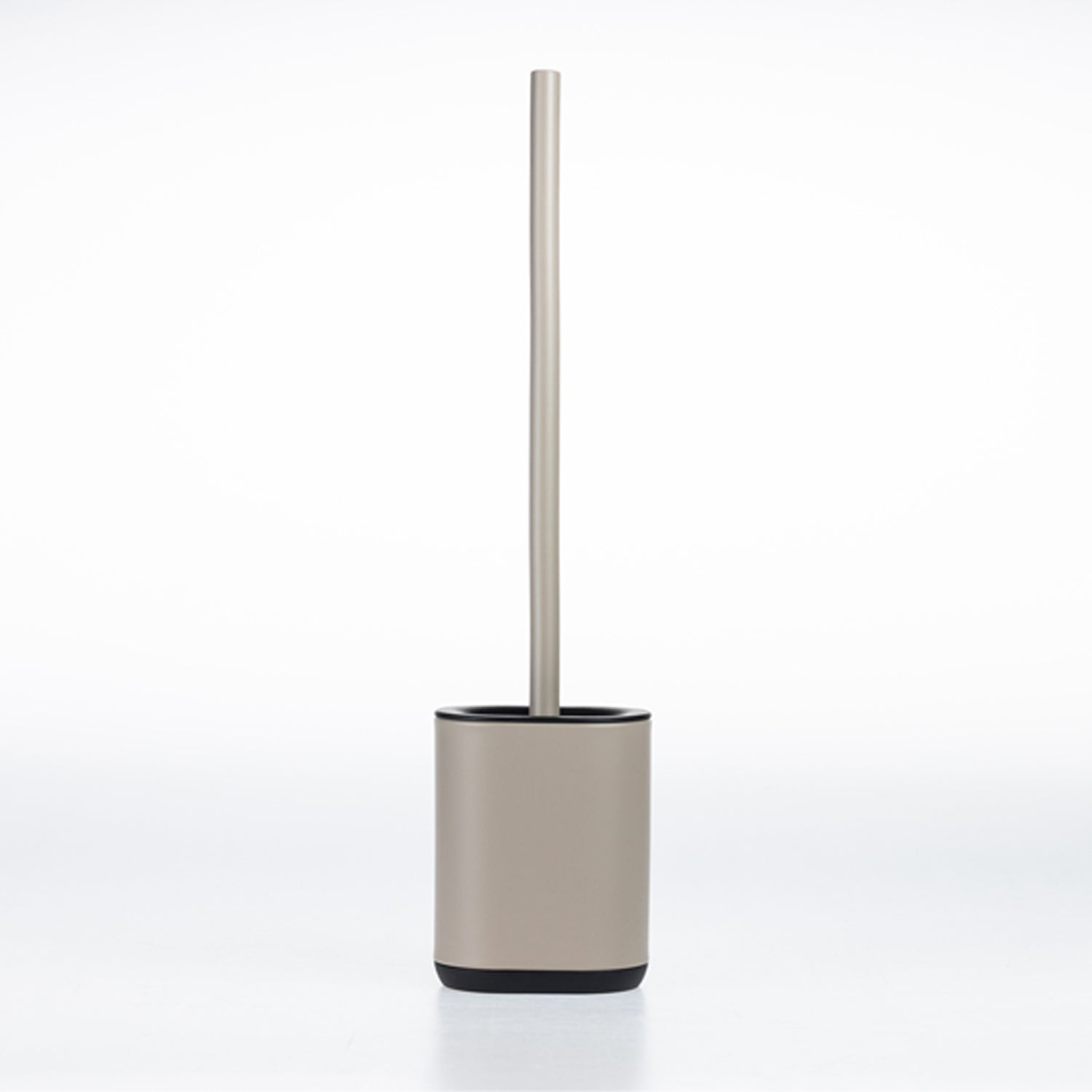 A modern toilet brush with a matte taupe-cylindrical base and a matching long handle, standing upright on a clean white background.