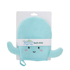 Light blue octopus kids bath mitt in packaging with a smiling face design.