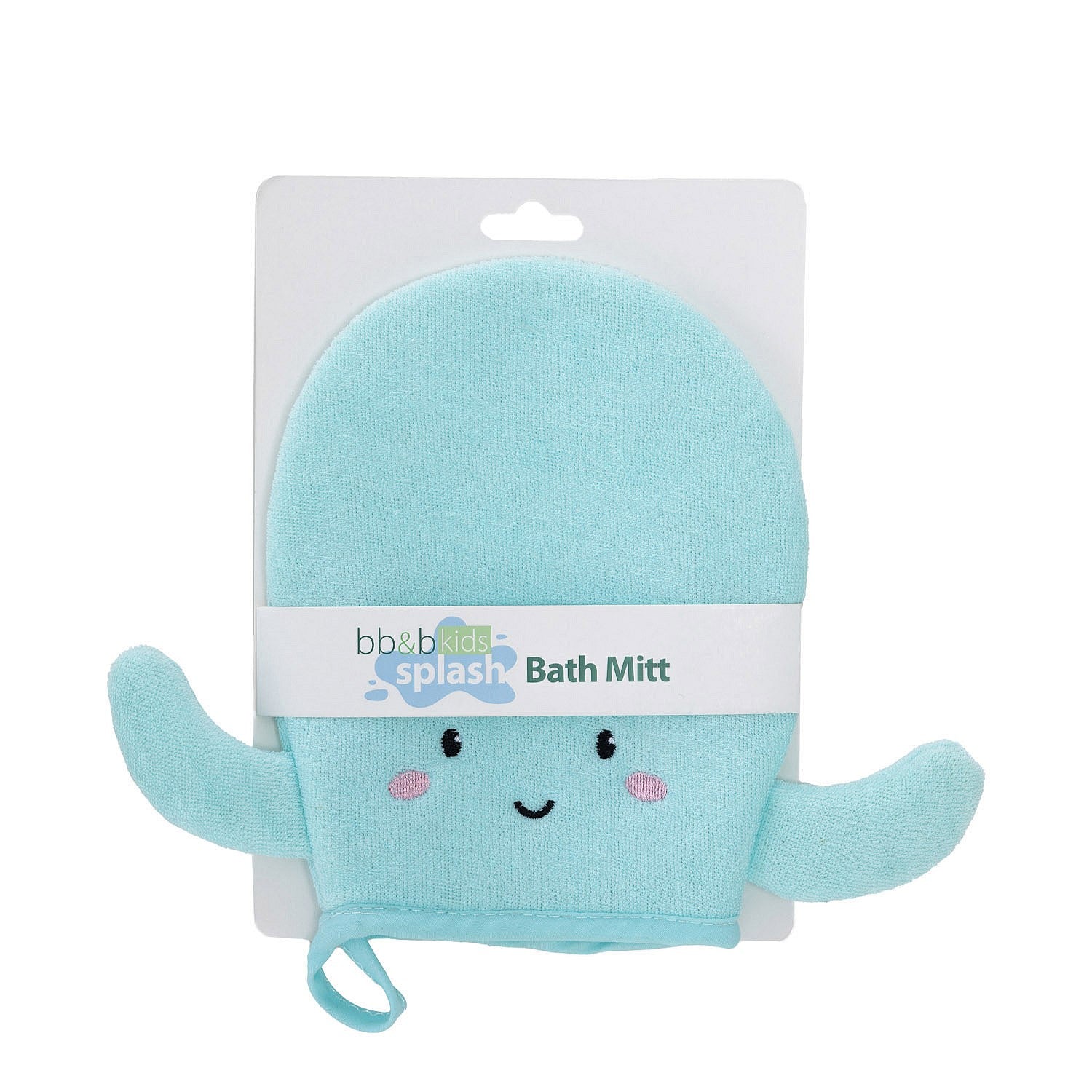 Light blue octopus kids bath mitt in packaging with a smiling face design.