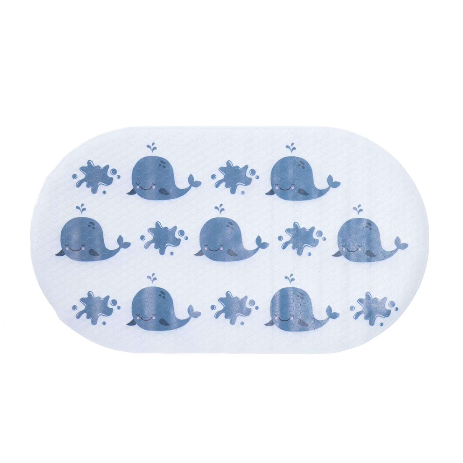 White kids bath mat with blue whale print and suction cups.