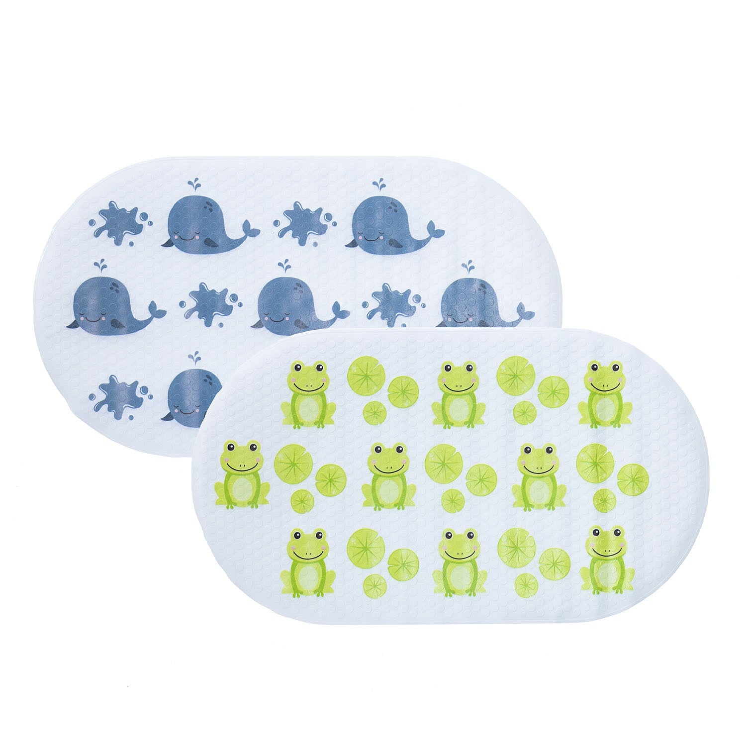 Two kids bath mats with frog and whale prints.