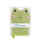 Green frog kids bath mitt in packaging with a smiling face design.