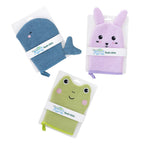 Three kids animal bath mitts in packaging, featuring whale, bunny, and frog designs.