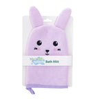 Purple bunny kids bath mitt in packaging with a smiling face design.