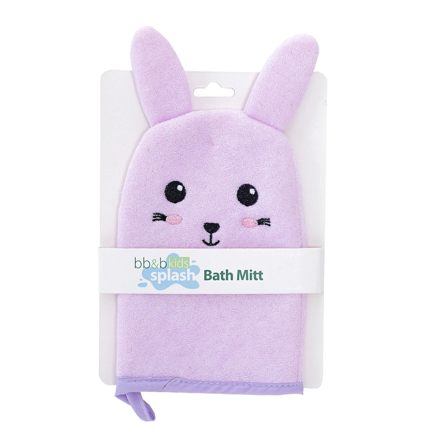 Purple bunny kids bath mitt in packaging with a smiling face design.