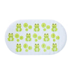White kids bath mat with green frog print and suction cups.