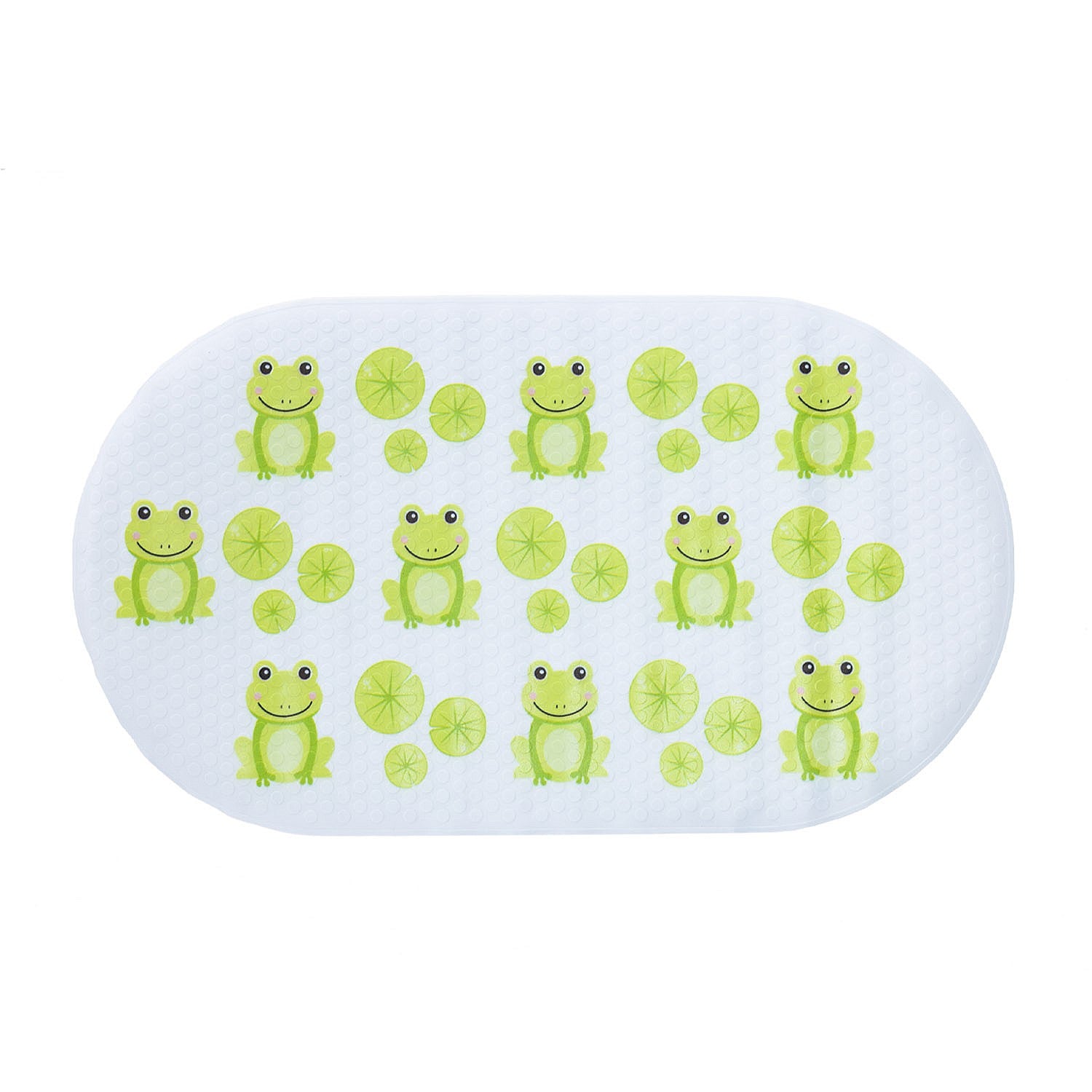 White kids bath mat with green frog print and suction cups.