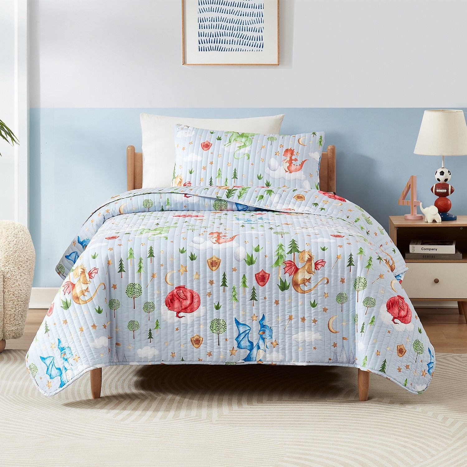 bb&b Kids Dragon coverlet set with colourful dragon print styled on a single bed.