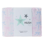 Hush Kids pink and blue bows flannelette sheet set folded in packaging with bow print and Hush label.
