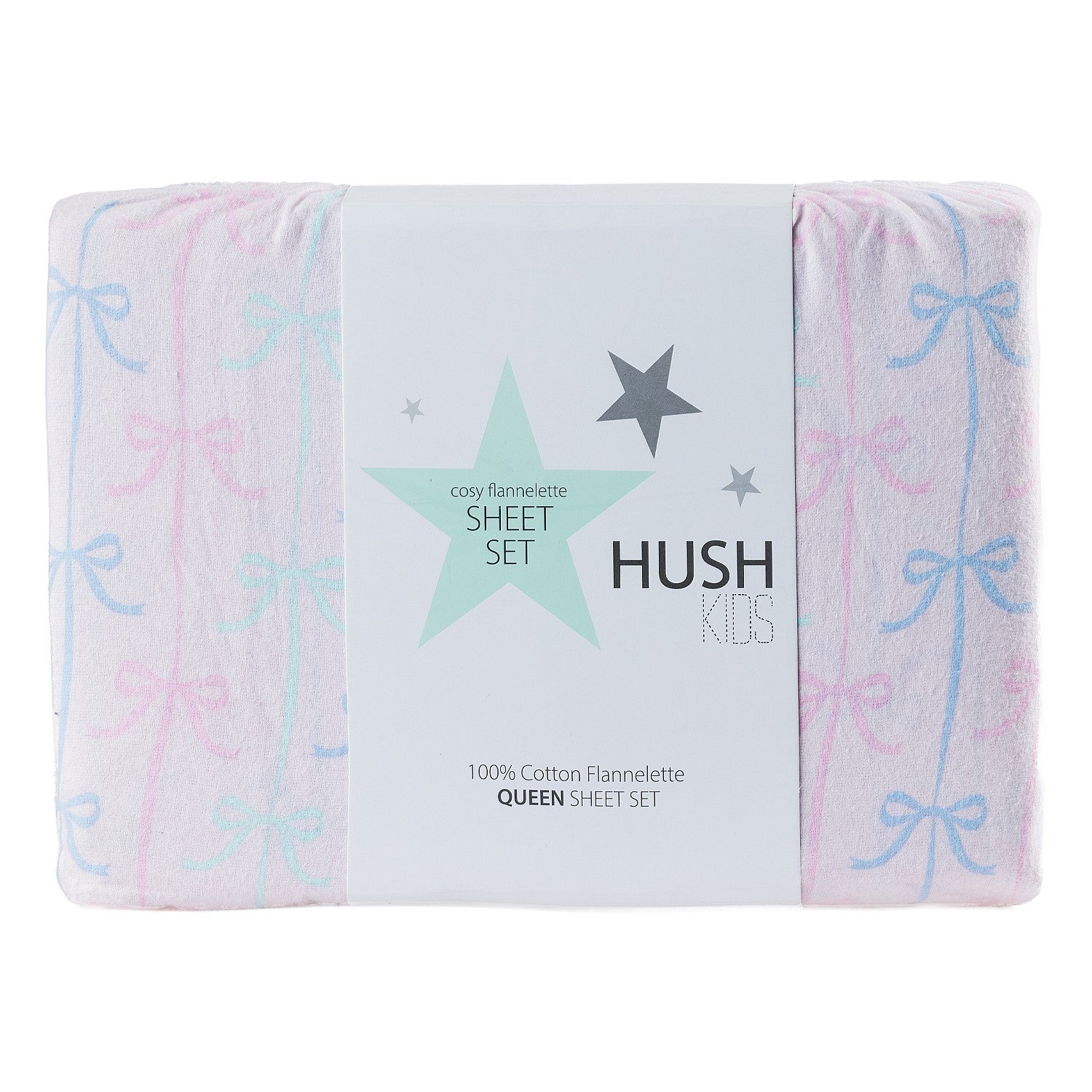 Hush Kids pink and blue bows flannelette sheet set folded in packaging with bow print and Hush label.
