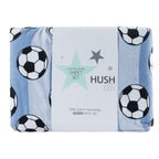 Hush Kids football flannelette sheet set folded in packaging with football print and Hush label.
