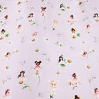 Pale pink kids fairy print fabric with small illustrated fairies, flowers, and delicate leaf details.