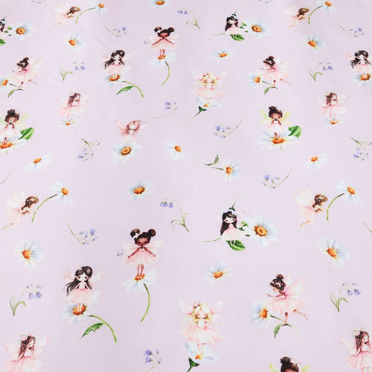 Pale pink kids fairy print fabric with small illustrated fairies, flowers, and delicate leaf details.
