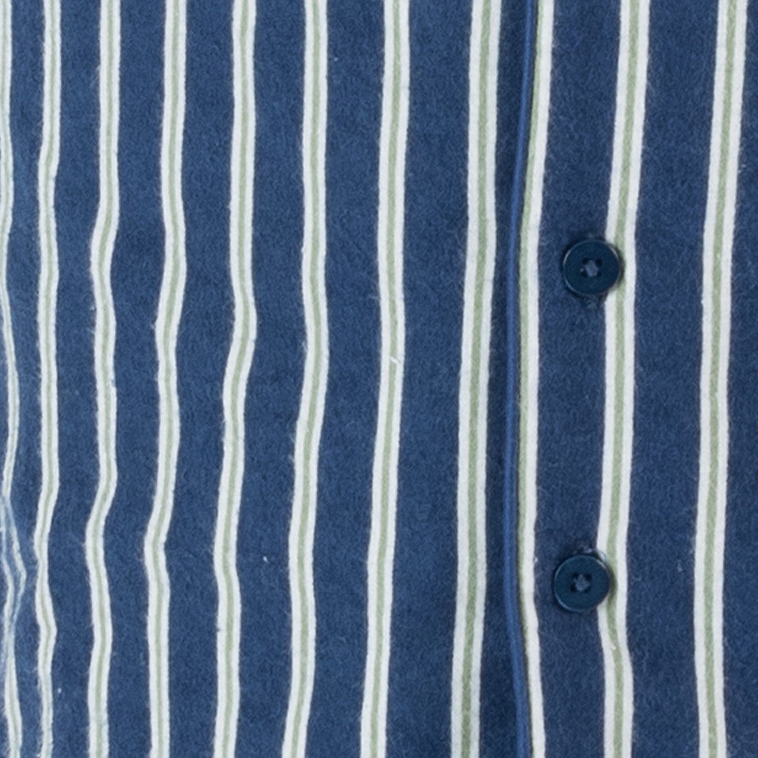 Child wearing blue striped flannelette pyjamas with blue buttons
