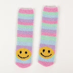 Colourful kids bed socks with yellow smiley face design,on a white background.