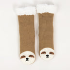Brown sloth slipper socks with sherpa lining and cute face design, in a white background.