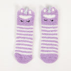 Purple striped kids slipper socks with sherpa lining and cute animal face design, on a white background