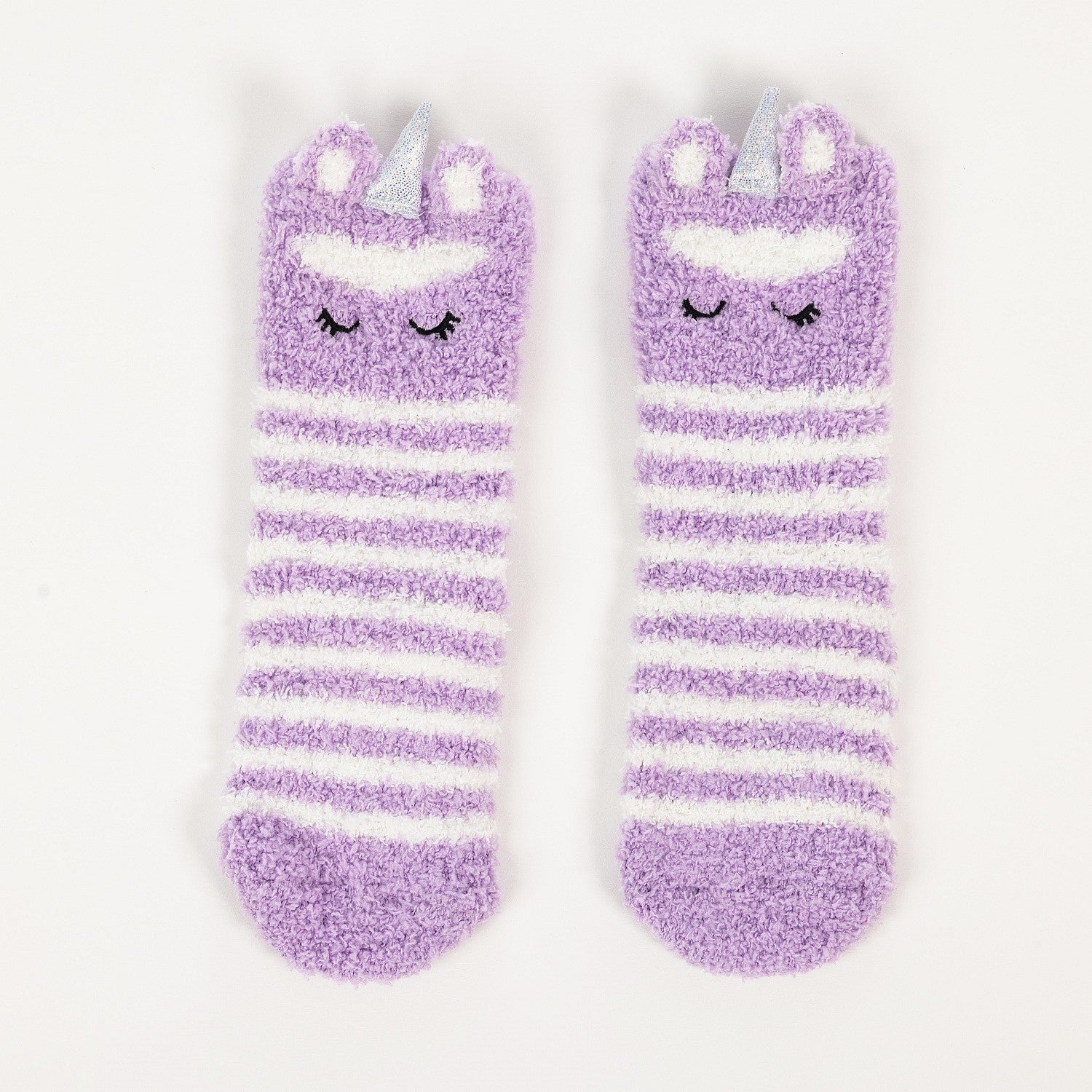 Purple striped kids slipper socks with sherpa lining and cute animal face design, on a white background