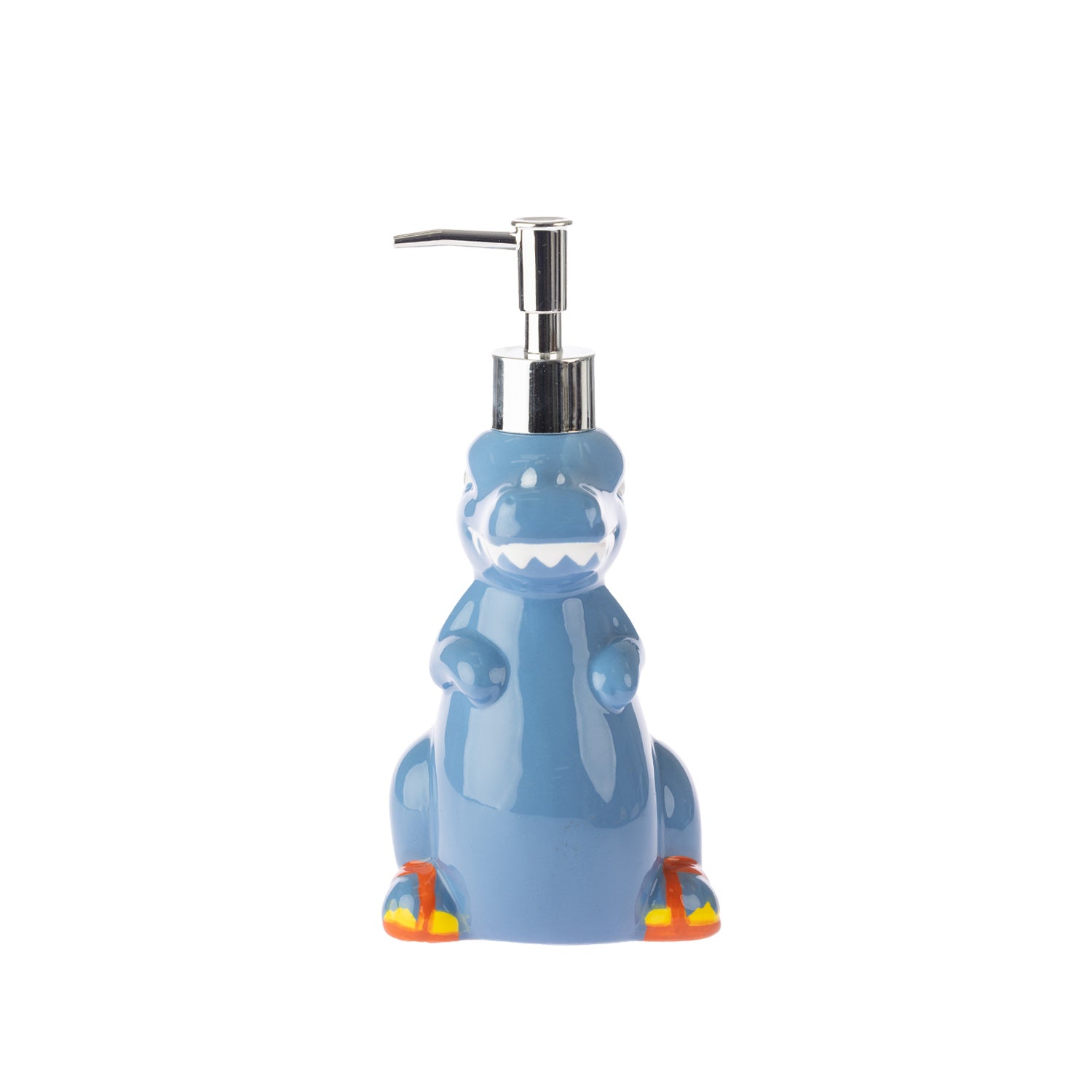 bb&b Kids Dino Soap Dispenser in Blue, featuring a playful dinosaur-shaped ceramic design with a silver pump and colourful orange and yellow feet.