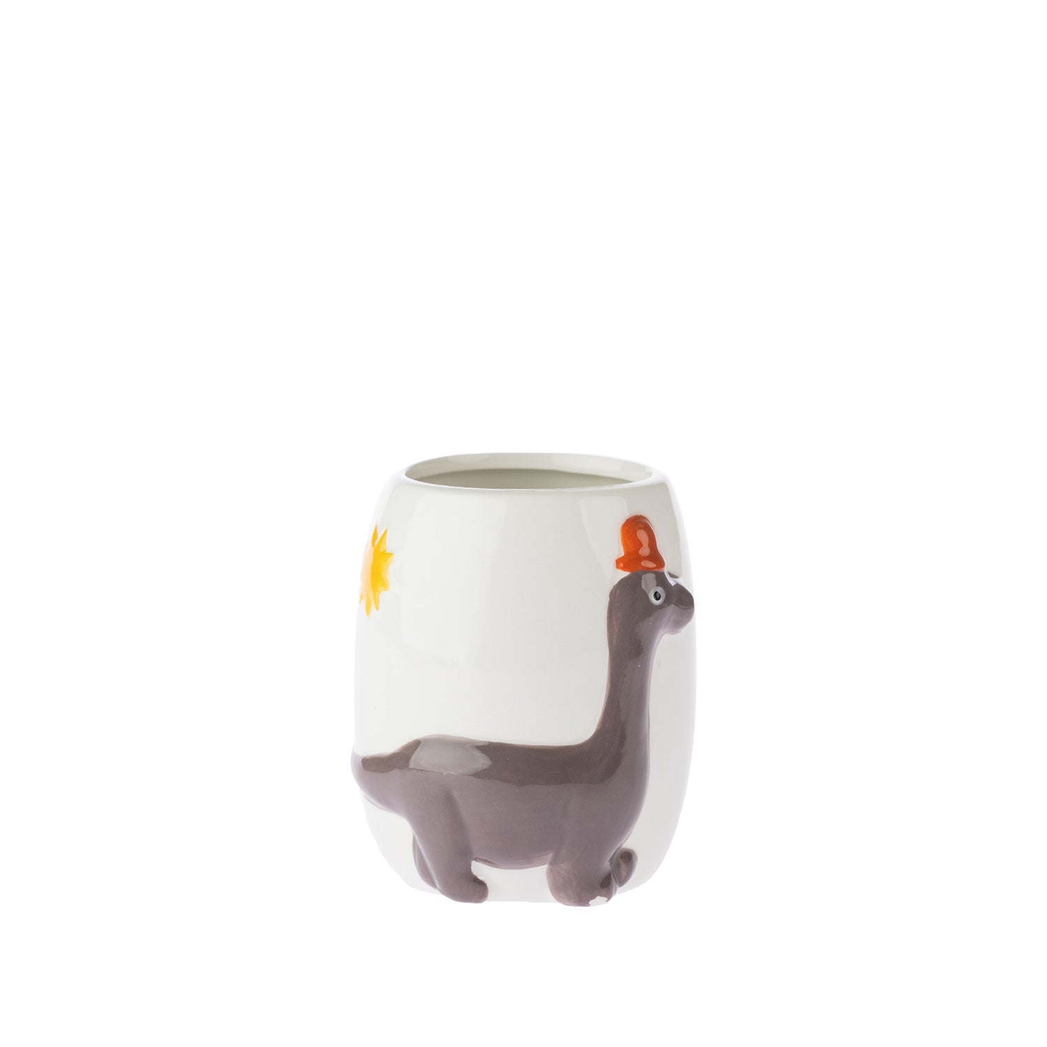 bb&b Kids Dino Tumbler in White, featuring a raised grey dinosaur design with an orange hat and yellow sun detail.