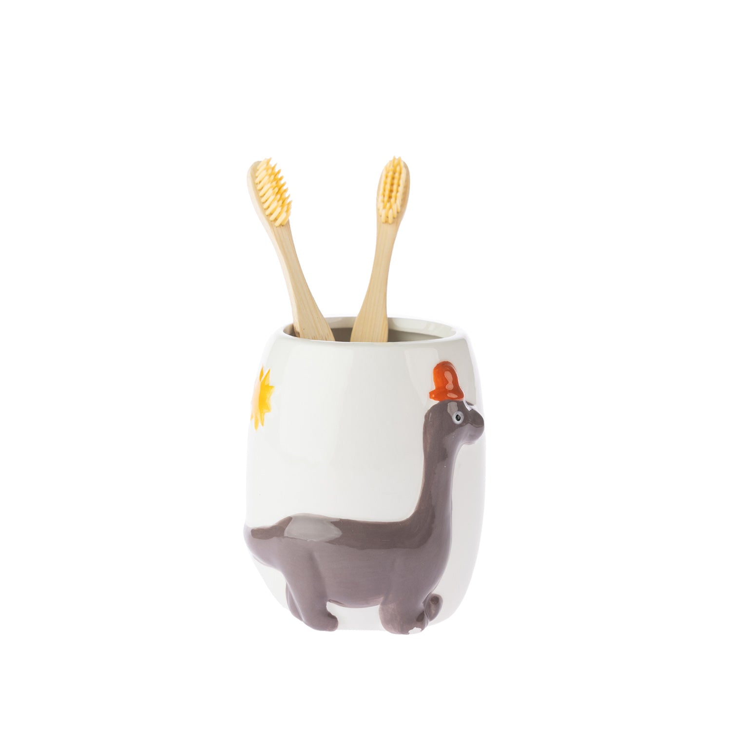 bb&b Kids Dino Tumbler in White shown holding two bamboo toothbrushes.