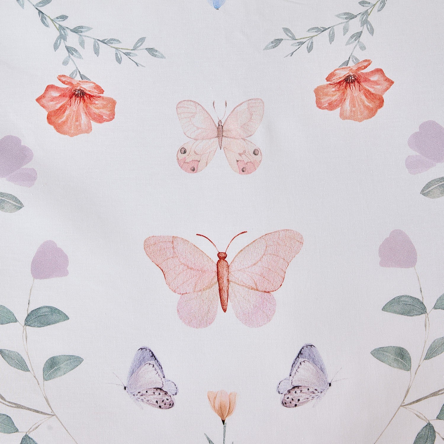 Pale pink butterfly print cot sheet with soft floral and leaf details.