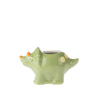 bb&b Kids Dino Toothbrush Holder in Green, featuring a playful dinosaur-shaped ceramic design with orange horns and yellow spot details.