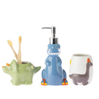 Group image of the bb&b Kids Dino bathroom accessories, featuring a green dinosaur toothbrush holder with bamboo toothbrushes, a blue dinosaur soap dispenser and a white dinosaur tumbler.