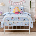 bb&b Kids Mermaid Dreams duvet cover set styled on a white metal bed, featuring a light blue mermaid and underwater print with a coordinating pillowcase and mermaid-shaped cushion.