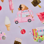 Close-up of the bb&b Kids Ice Cream Shop print on a lilac background, featuring a pink ice cream truck, cones, popsicles, cherries and sweet treat motifs.