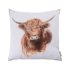 A square white throw pillow featuring a detailed watercolor-style illustration of a Highland cow with long horns, set against a plain white background.